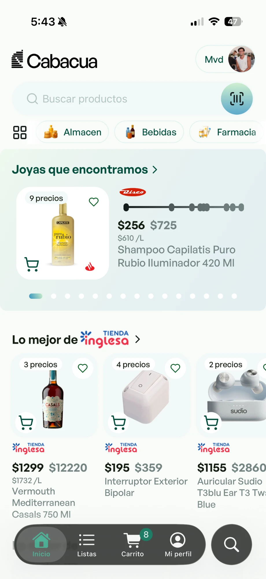 La app Cabacua comparando precios